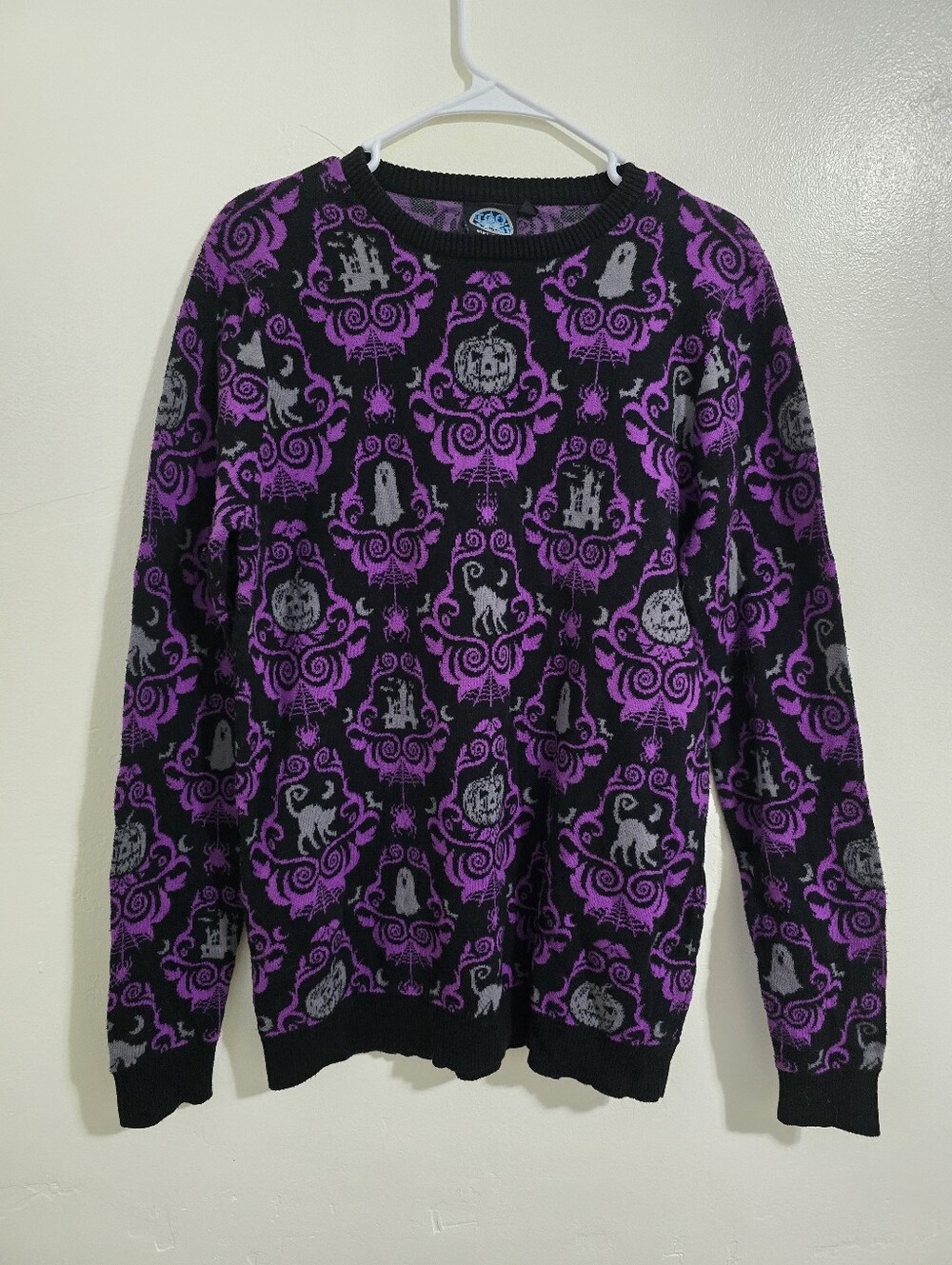 Too Fast Mens XL Black Purple Haunted Mansion Crew Neck Sweater Halloween